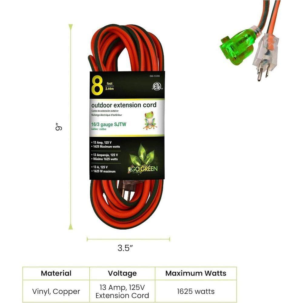 GoGreen Power 8 ft. 16/3 Indoor Heavy Duty Extension Cord Orange (2-Pack) (2)