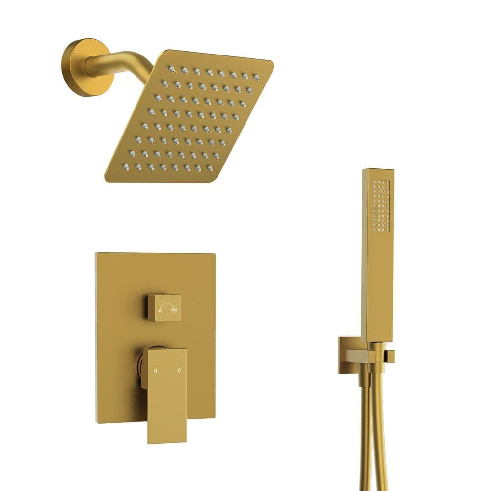 YAWWALK 2-Handle 2-Spray Shower Faucet 2.5 GPM with Pressure Balance Valve, 6 in. Shower Head in Brushed Gold (1)