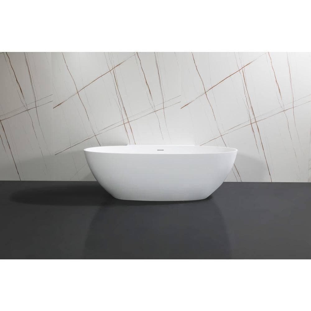 Kingston Brass Arcticstone 71.4 in. x 34.6 in. Solid Surface White Stone Oval Flatbottom Soaking Bathtub with Drain in Matte White (2)