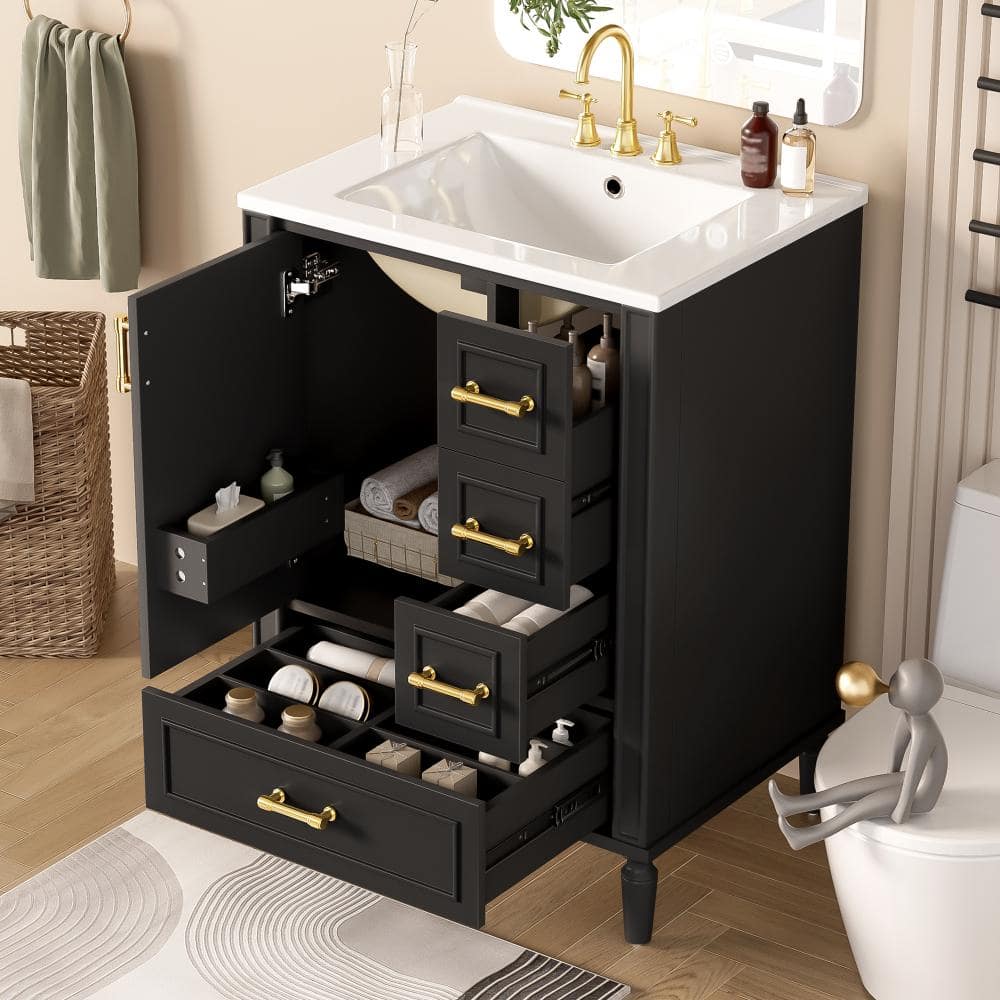Flynama 24" Bath Vanity Ceramic Sink,3 Drawers+Soft Close Door,Gold Handle,Door Rack (1)