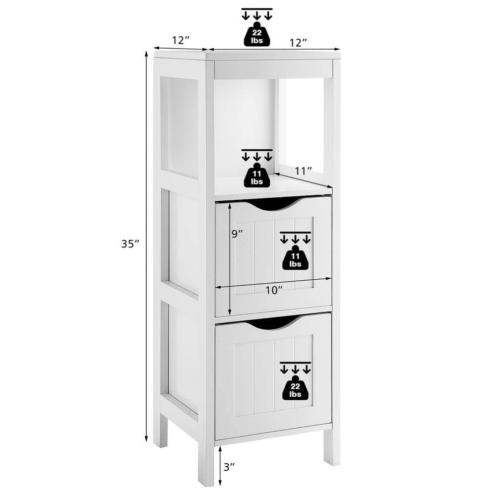 Costway 12 in. W x 12 in. D x 35 in. H White Freestanding Linen Cabinet Bathroom Side Storage Organizer w/2 Removable Drawers (3)