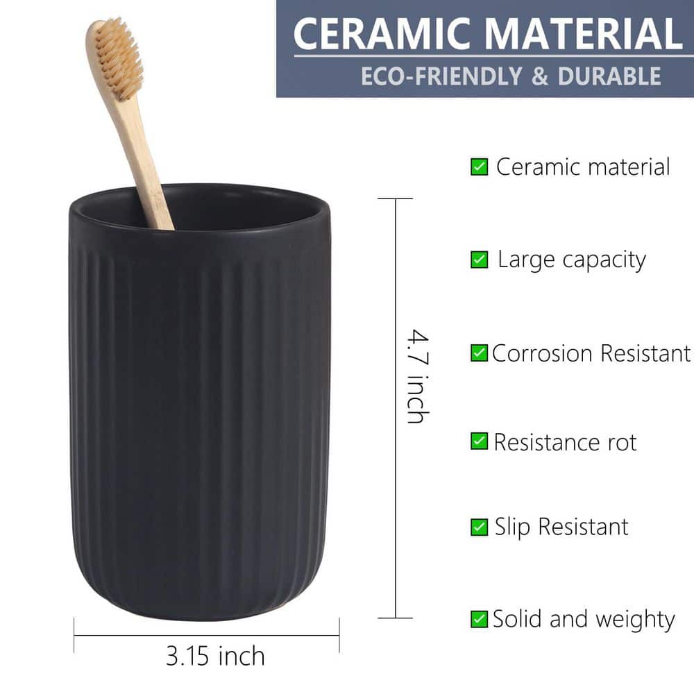 Numhew 2 Cups Matte Black Ceramic Bathroom Tumbler Cups Toothbrush Toothpaste Holders Set Bathroom Counter Organizer (2)