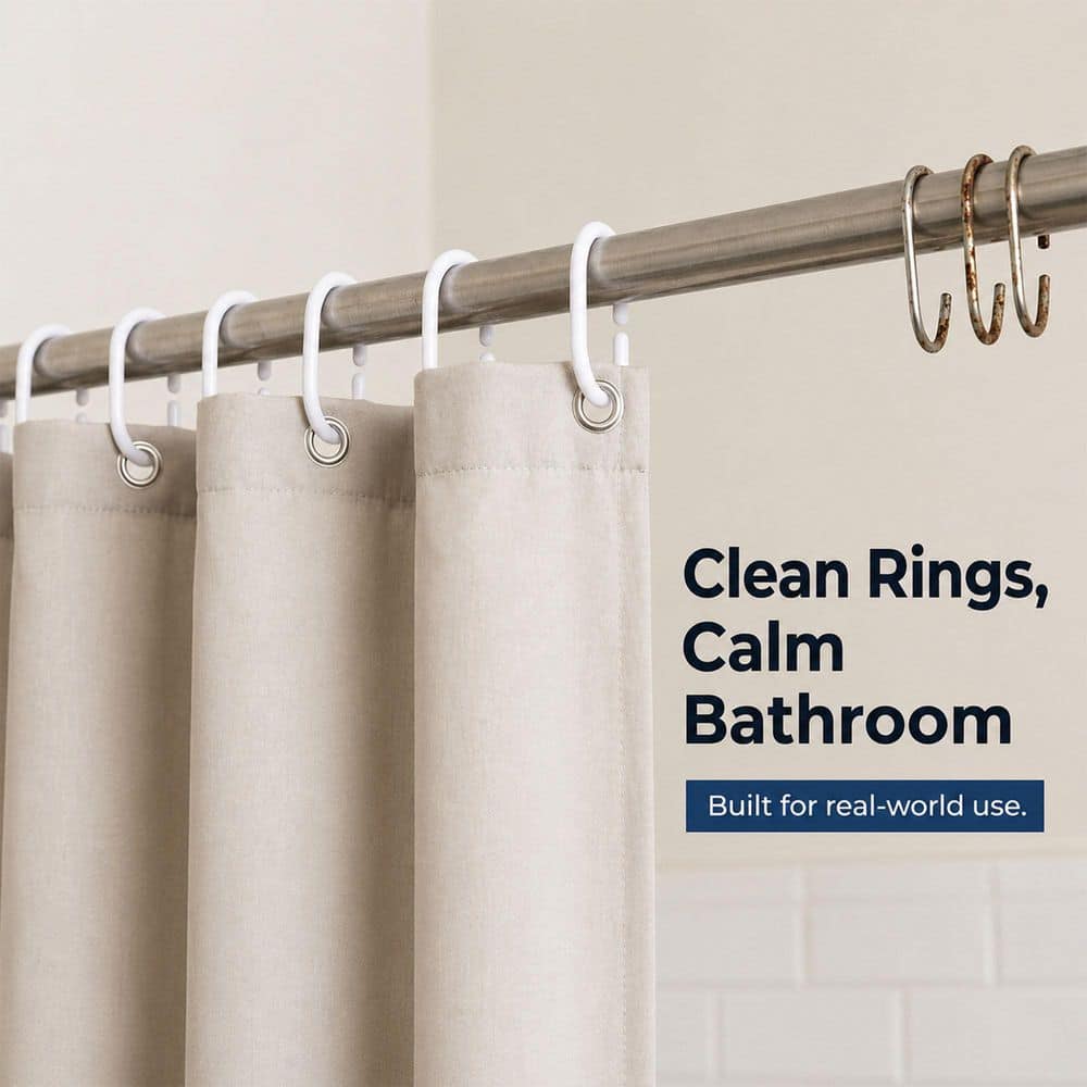 EVIDECO French home goods Shower Curtain Rings, Plastic Hooks in Solid White(12-Set) (2)