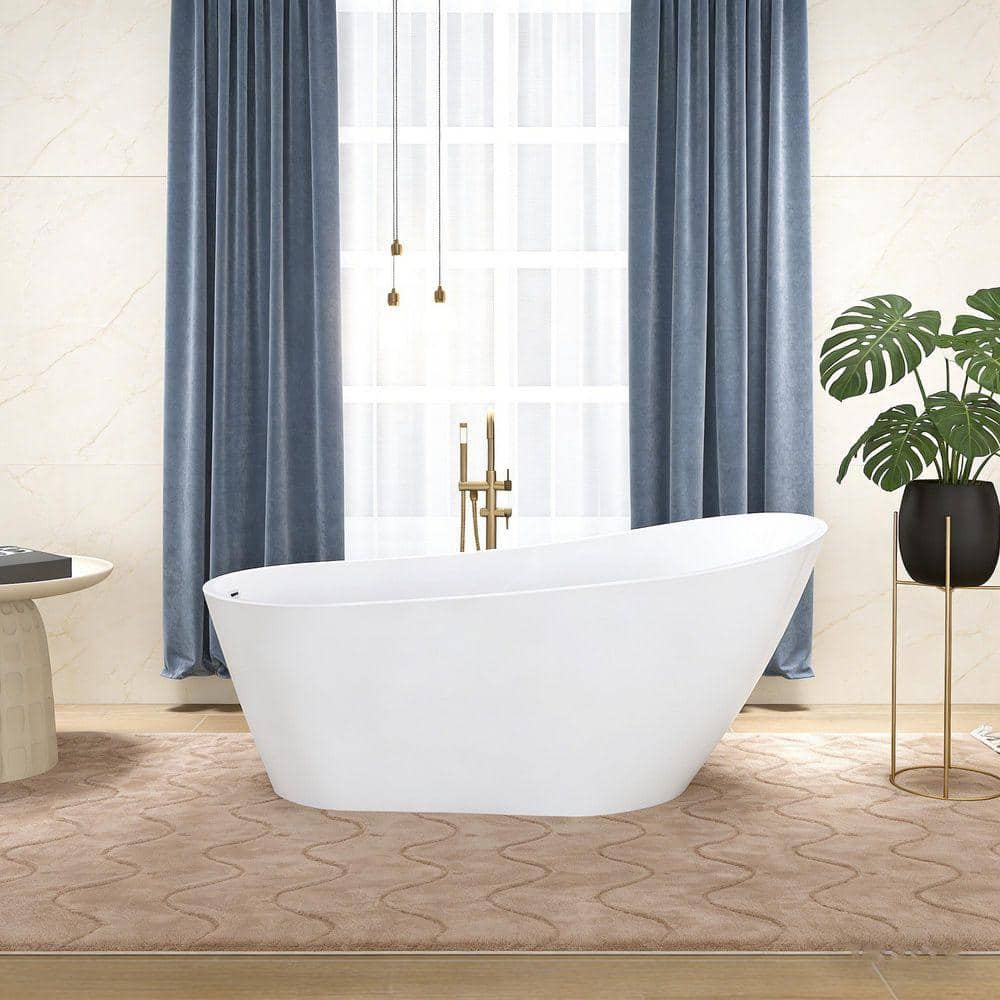 Staykiwi 59.06 in. x 29.53 in. Glossy White Acrylic Freestanding Soaking Bathtub with Chrome Reversible Drain (1)