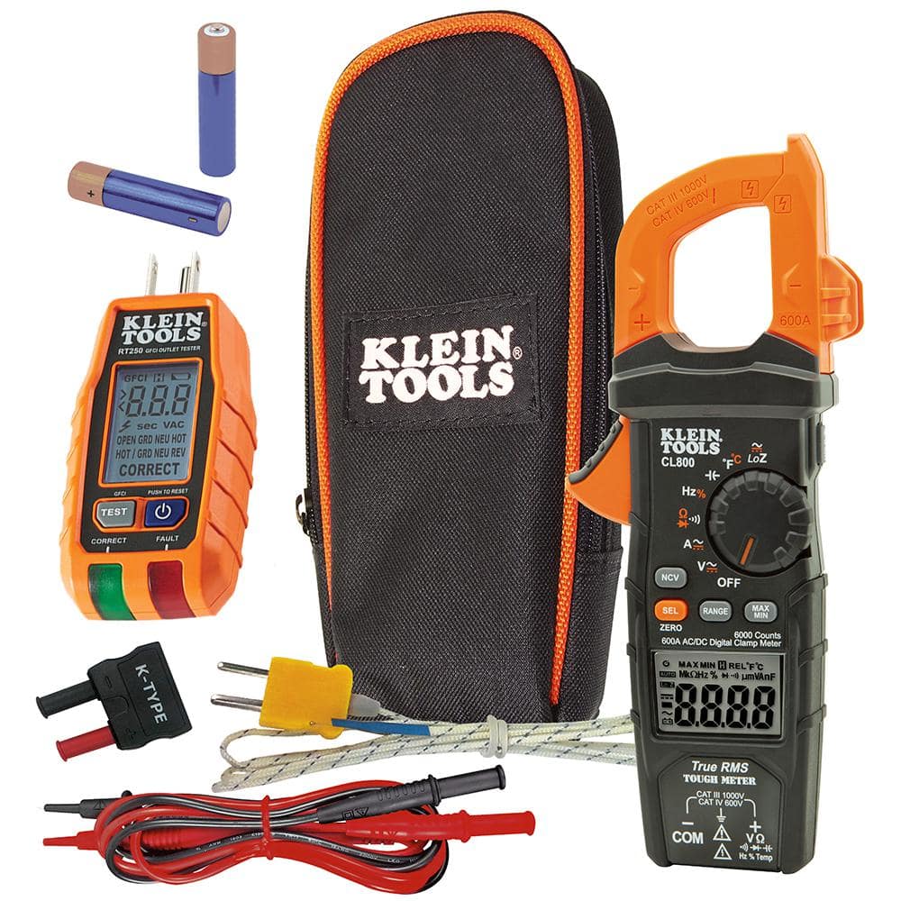 Klein Tools 600 Amp Digital Clamp Meter AC/DC True RMS Auto Ranging with GFCI Receptable Tester Tool Set