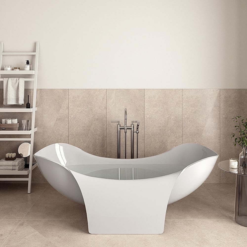 Streamline 67 in. x 32 in. NS7120CH Stone Resin Freestanding Soaking Bathtub in Matte White with Polished Chrome Drain Bamboo Tray (1)