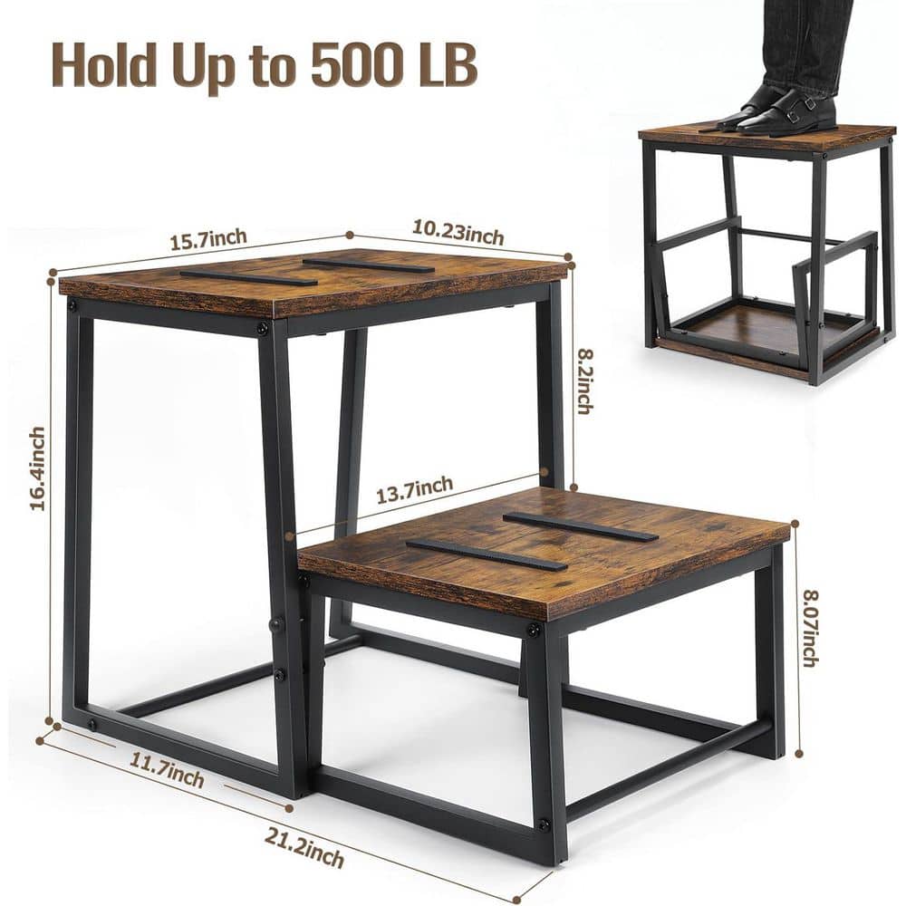 Unbranded Rustic Brown 2-Step Wood Stool for Adults with 550 lbs. Capacity 3-in-1 Design for Bedroom Kitchen Living Room (3)