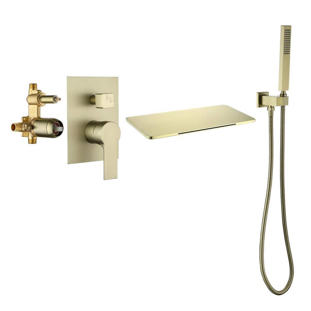 Aurora Decor Pomelo Single-Handle Wall Mount Roman Tub Faucet with Hand Shower in Brushed Gold (Valve Included)