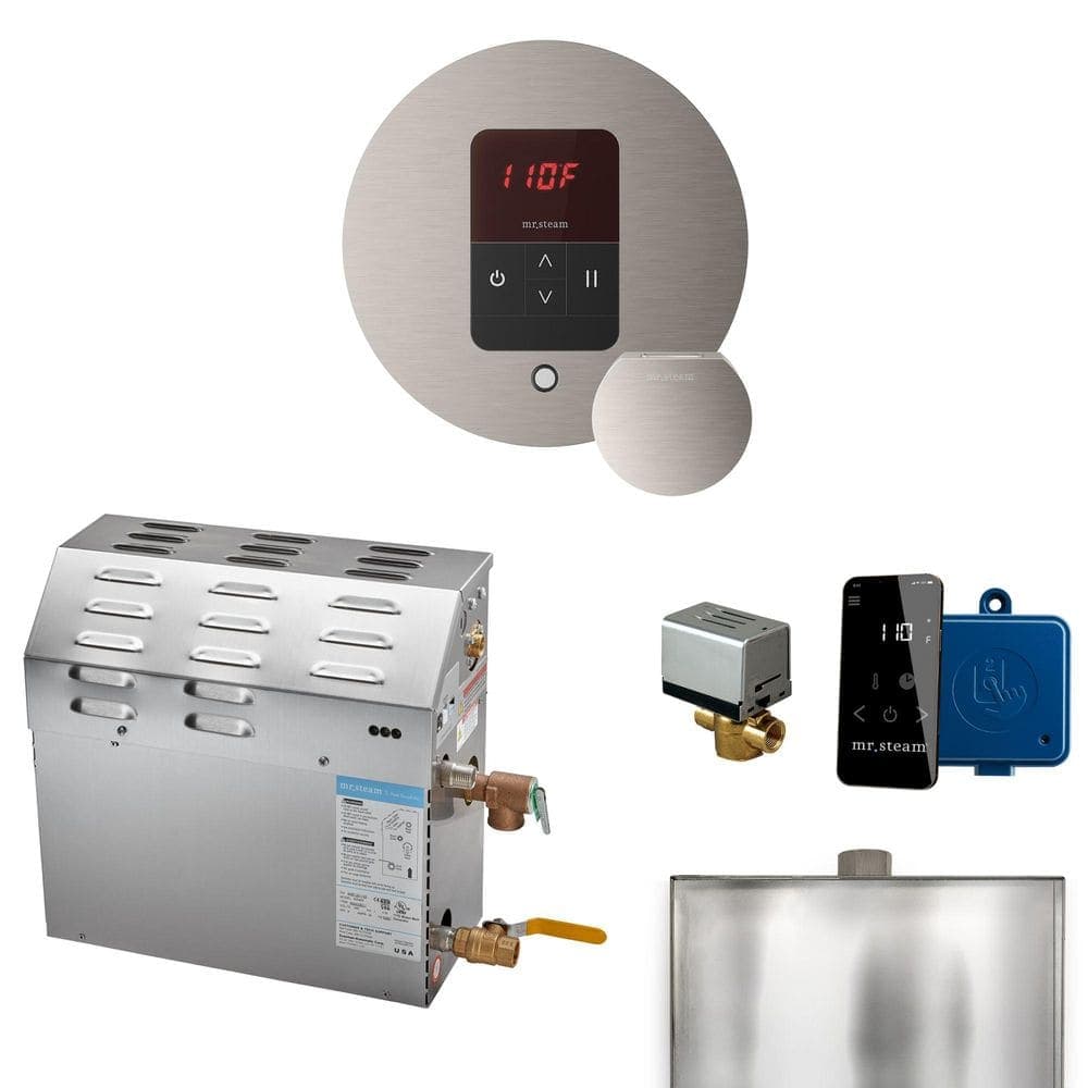 Mr. Steam MS 5 kW (5000 W) Steam Shower Generator Package with Round iTempo Control in Brushed Nickel and Accessories
