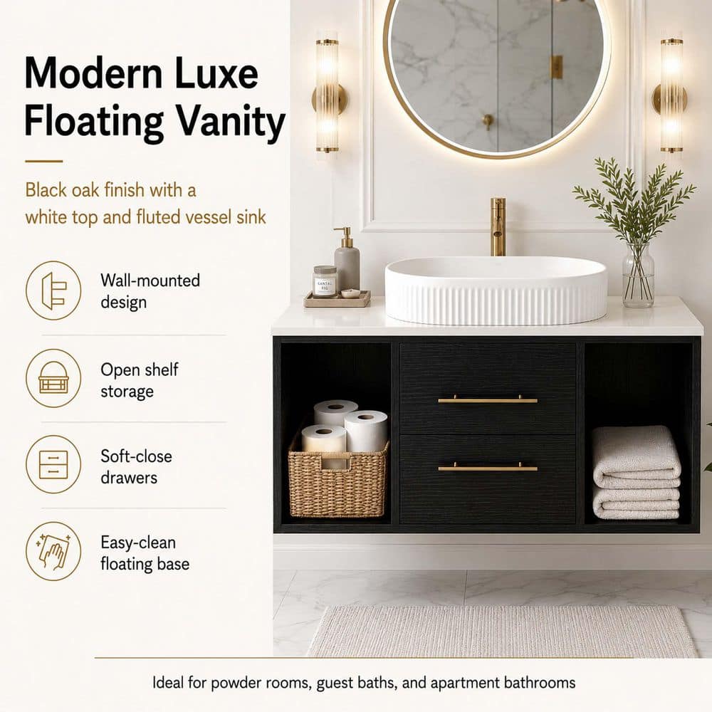 Bezeit 39.4 in. Single Sink Wall Mounted Black Bath Vanity with White Fluted Ceramic Vessel Sink (Self Assembly Needed) (2)