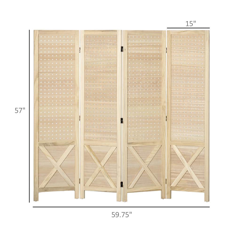 Unbranded 4.7 ft. Natural Wood Folding Outdoor Privacy Screen, 4 Panel Pegboard Display Room Divider, Partition Wall Divider (3)