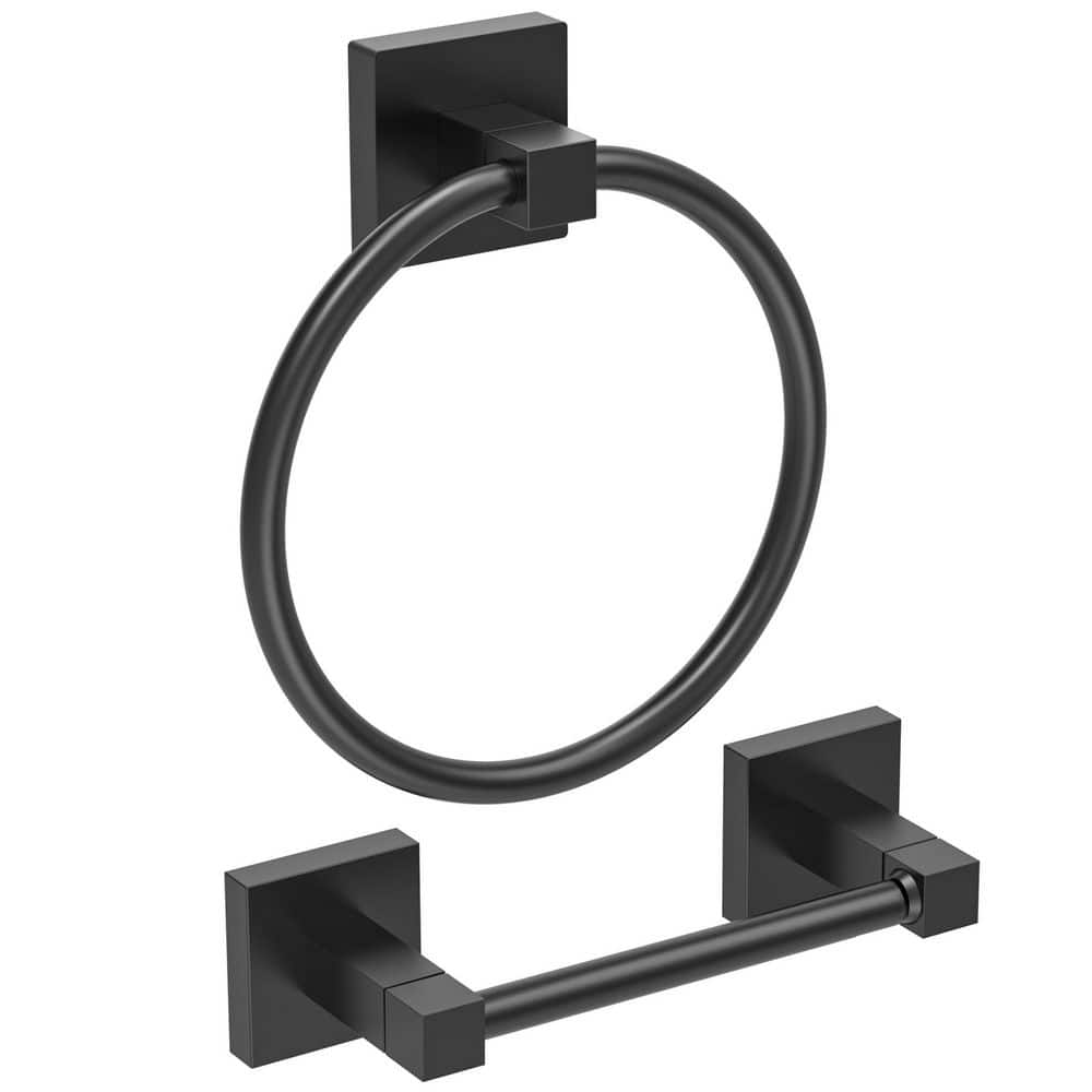 Anqtovp 2-Piece Bathroom Hardware Set Matte Black with Toilet Paper Holder and Towel Ring in Matte Black Waterproof Finish (1)