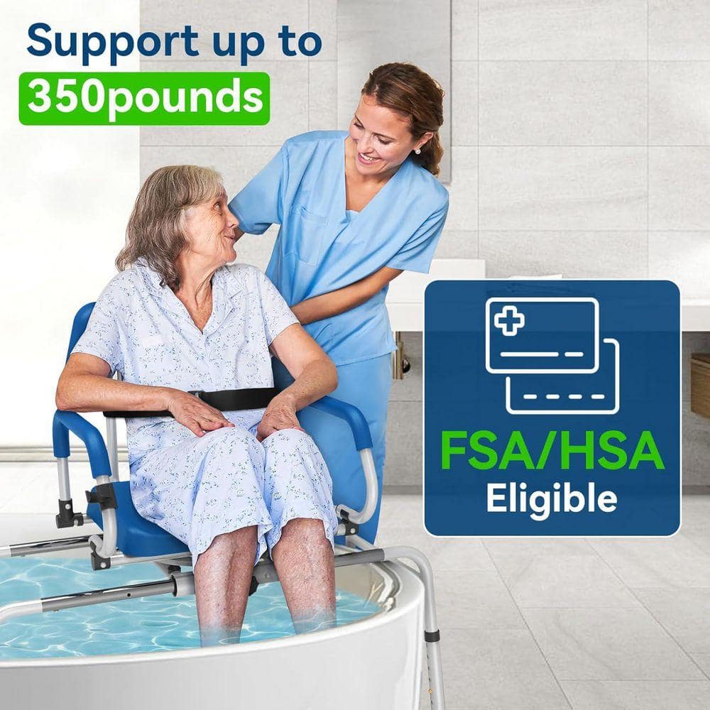JFVKAF 42.52  in. W Height Adjustable Sliding Large Aluminum Shower Chair in Blue with Swivel Seat Padded Pivot Arms, 350 lbs. (2)