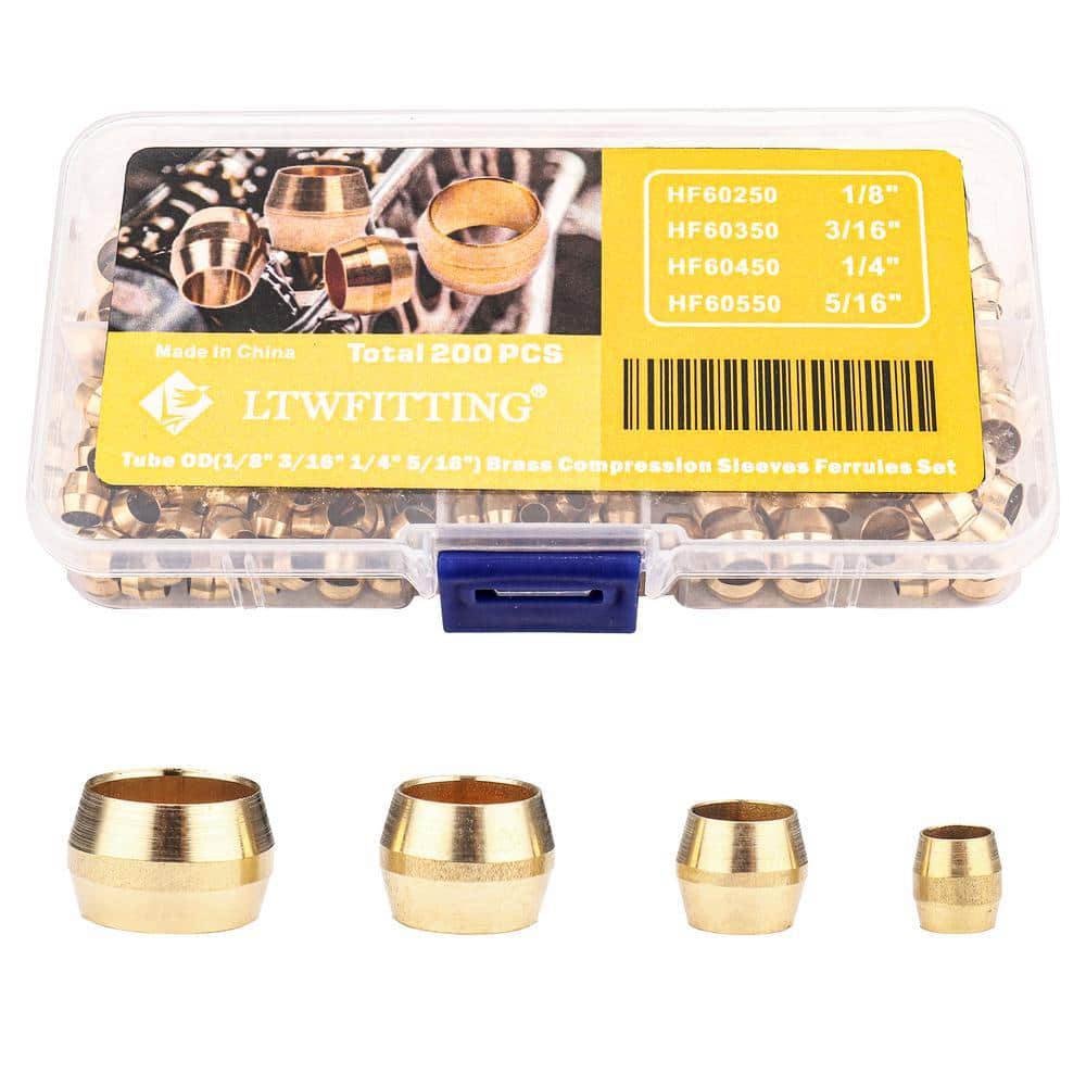 LTWFITTING Assortment Kit 1/8 3/16 1/4 5/16 in. OD Compression Sleeves Ferrules, Brass Compression Fittings(Pack of 200) (1)