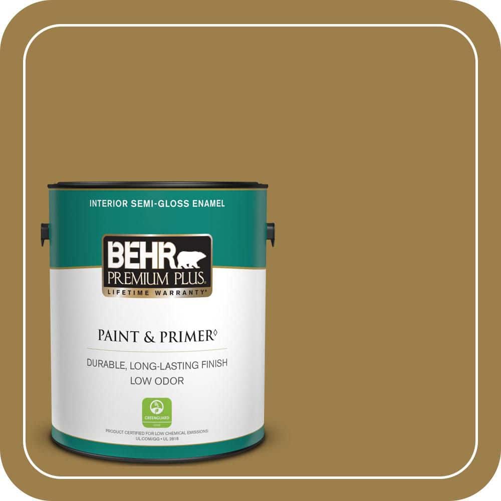 BEHR PREMIUM PLUS 1 gal. #S310-6 Gold Ink Semi-Gloss Enamel Low Odor Interior Paint & Primer