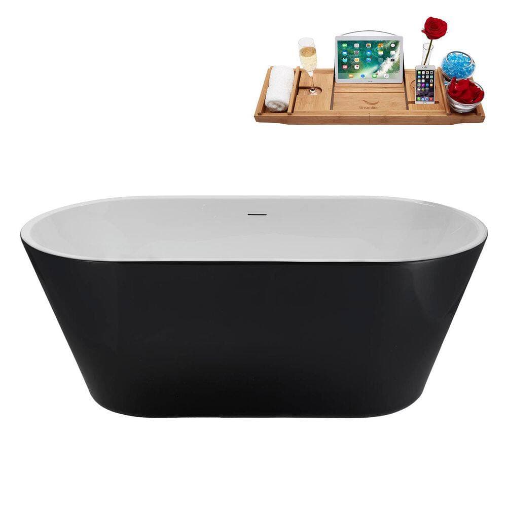 Streamline 59 in. x 30 in. Acrylic Freestanding Soaking Bathtub in Glossy Black with Matte Black Drain (2)