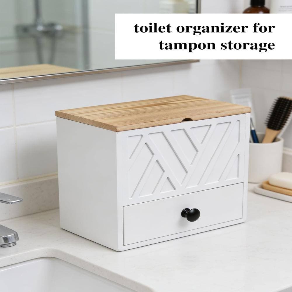 Unbranded 3-Compartment Feminine Product Organizer with Lid and Drawer for Bathroom Countertop, White (2)