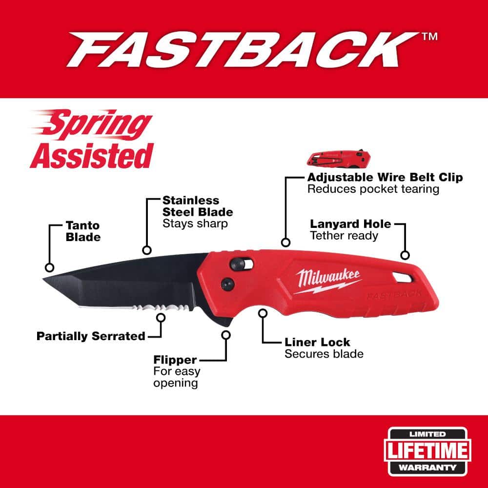 Milwaukee FASTBACK Stainless Steel Spring Assisted Folding Knife with 2.95 in. Blade with Compact Knife Sharpener (2-Piece) (2)