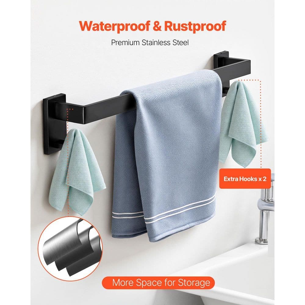 VEVOR Matte Black Bathroom Hardware Set, 5 Pieces Stainless Steel Bathroom Accessories Set, 24-in. Towel Bar, Towel Rack (3)
