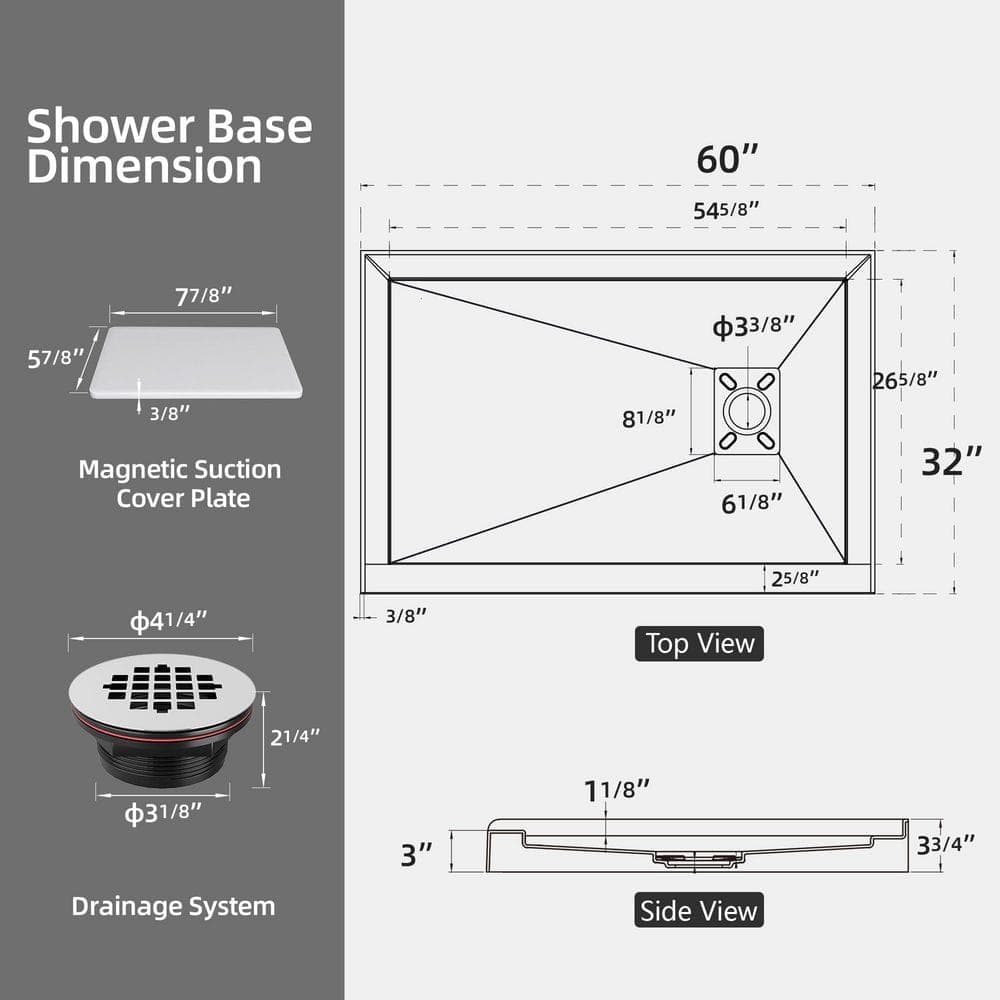 Zeafive Siba 60 in. L x 32 in. W Acrylic Alcove Shower Pan Base with Right Drain in White Non-Slip Single Threshold RV/Bathroom (2)