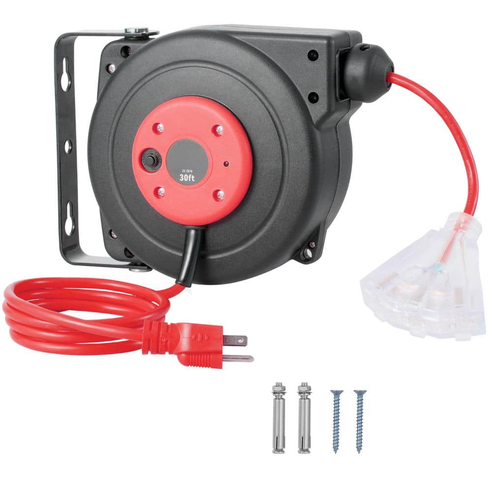 SVOPES Retractable Extension Reel, 30 ft. 16 / 3,10 Amp Retractable Extension Cord Reel with 1 Grounded Outlets and Tri-Tap end (1)