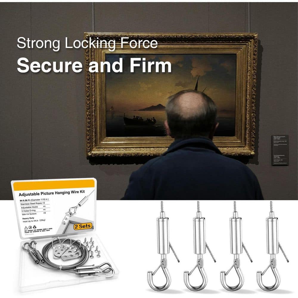 Adrinfly Adjustable Picture Hanging Wire Kit Heavy Duty Stainless Steel Rope 2m x 1.5 mm 2-Pieces Holds Up to 20 kg Mirror Silver (3)
