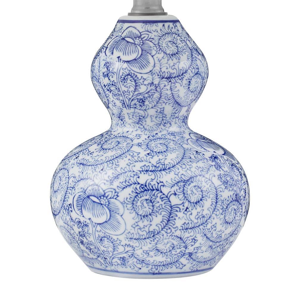 Hampton Bay 15 .75 in. Blue Floral Ceramic Table Lamp with White Fabric Shade (4)