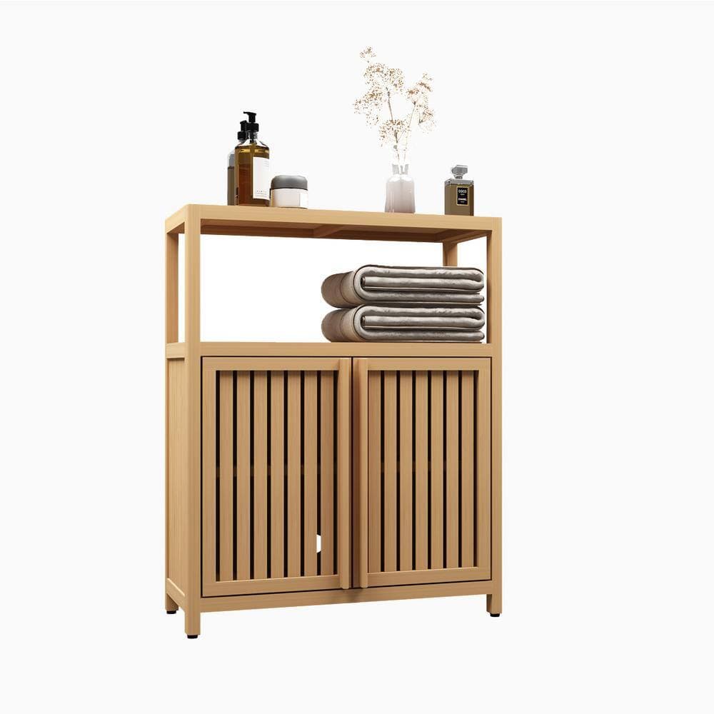 Tileon 24.56 in. W x 10.74 in. D x 32.08 in. H Natural Brown Bamboo Linen Cabinet Bath Storage Cabinet w/2-Doors and Open Shelf (2)
