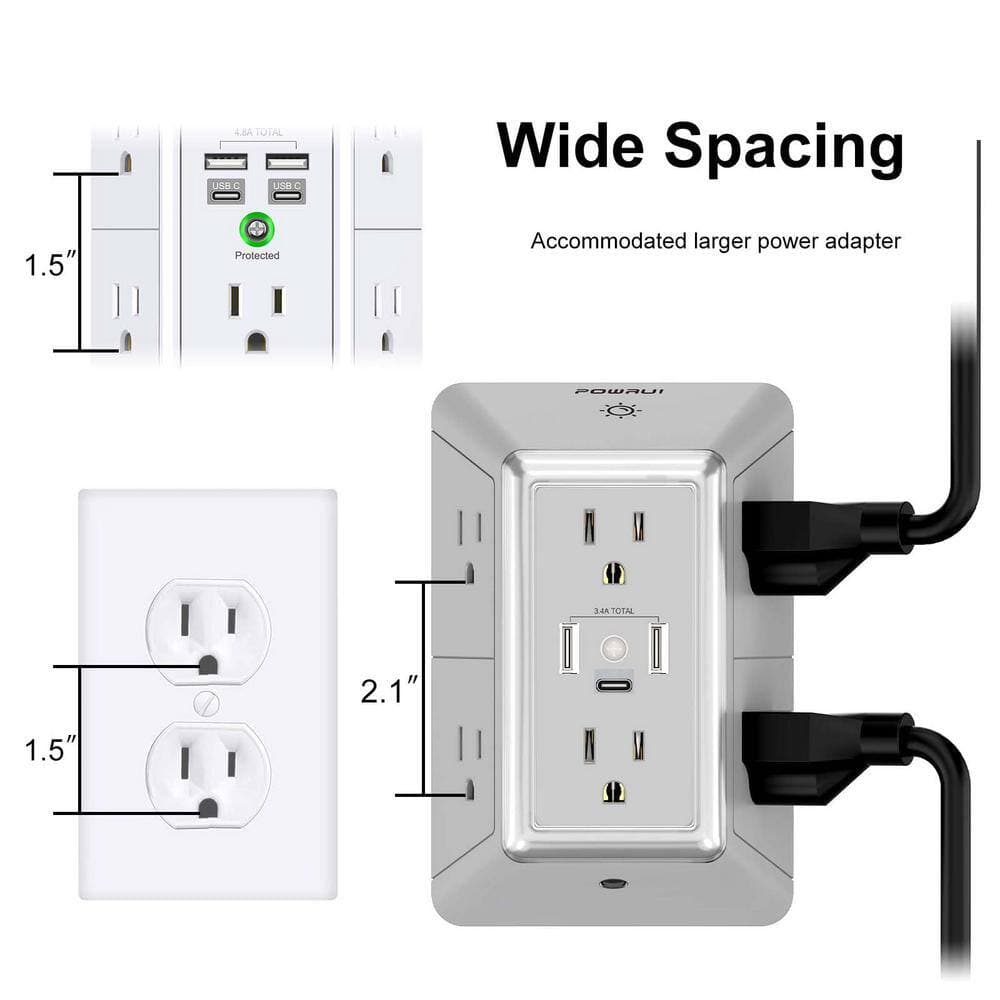 Lukyamzn 3 Sided 6-Outlet Multi Plug Outlet Surge Protector in Gray with 3 USB Ports and Night Light (3)