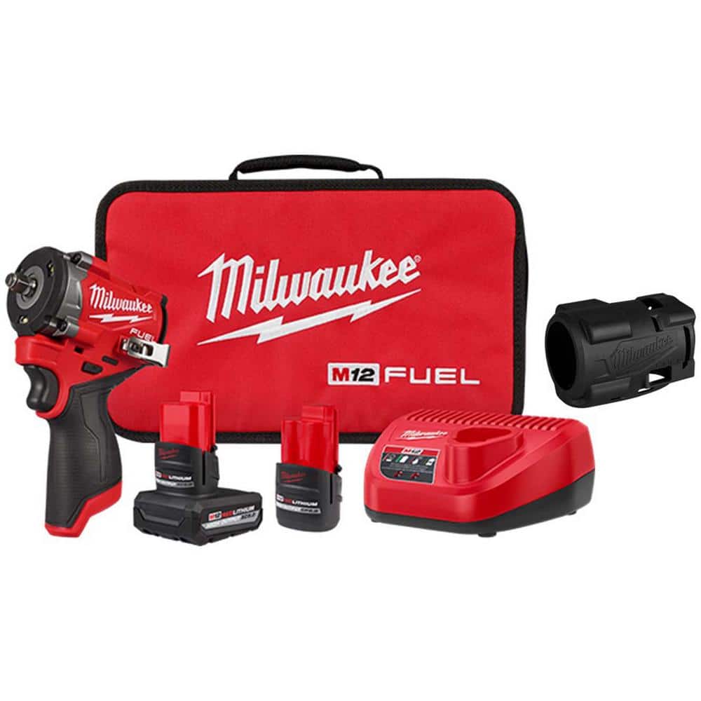 Milwaukee M12 FUEL 12V Li-Ion Brushless Cordless Stubby 3/8 in. Impact Wrench Kit w/(2) High Output Batteries & Boot (1)