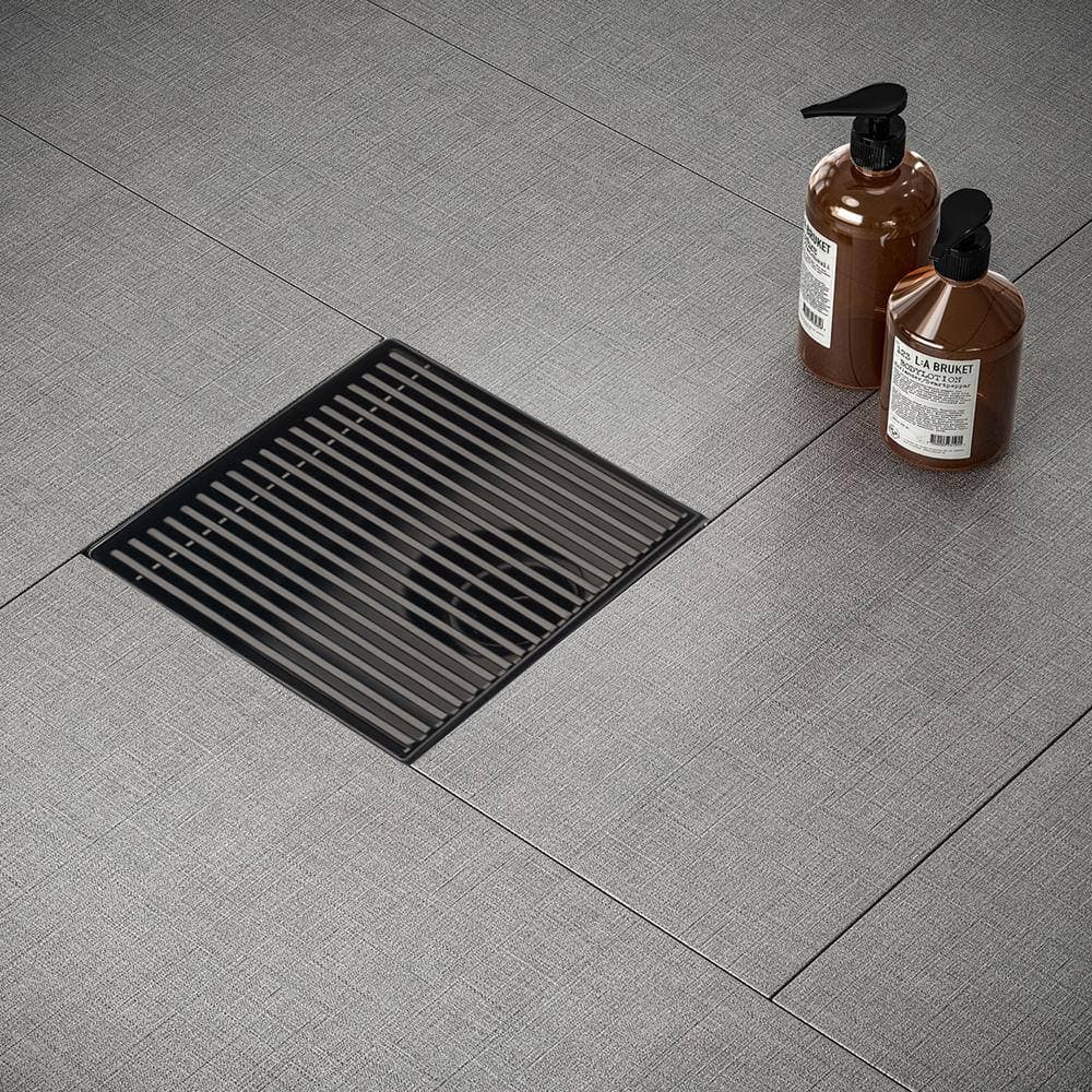 Elegante Drain Collection 6 in. Square Stainless Steel Shower Drain with Bar Pattern, Matte Black (2)