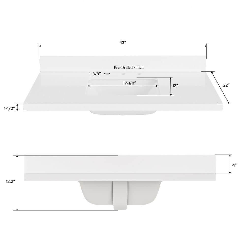 ARIEL 43 in. W 22 in. D Bathroom Vanity Top with 1.5 in. Thick Miter Edge Rectangular Single Sink White (3)