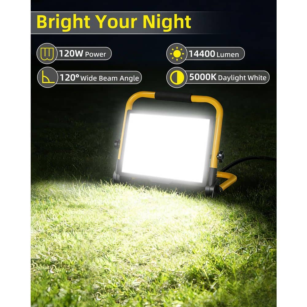 Unbranded 120W 14400 Lumen LED Flood Work Light with 16 ft. Cord and Switch, Stand, 5000K IP66 Waterproof Construction Lighting (3)