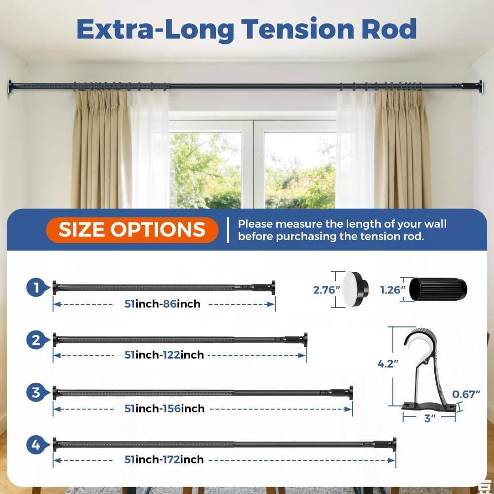 Unbranded Heavy-Duty No-Drill Spring Tension Curtain Rod Adjustable 51-122 in. with 1.26 in. Diameter in Black (2)