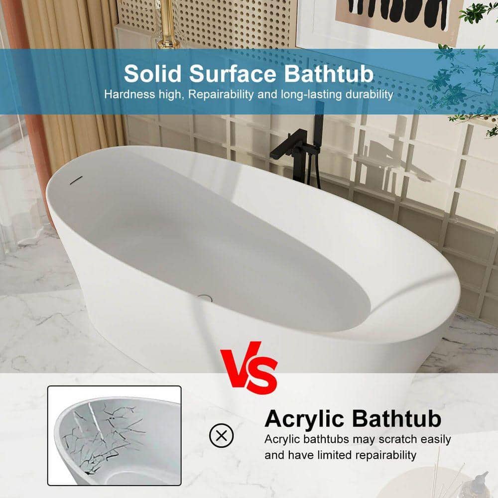 GIVING TREE 63 in. x 29.9 in. Oval Stone Resin Freestanding Soaking Bathtub with Ergonomic Backrest in Matte White (3)