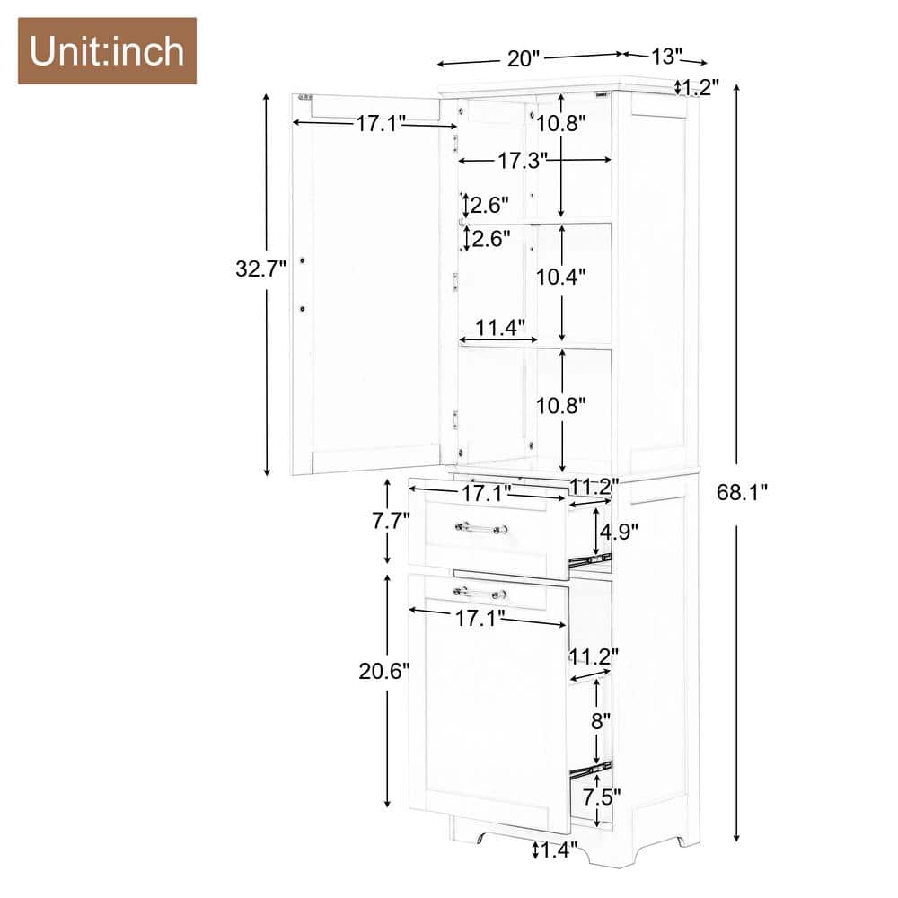 Unbranded Modern 20 in. W x 13 in. D x 68.1 in. H White Tall Bathroom Storage Linen Cabinet with 2-Different Size Drawers (3)