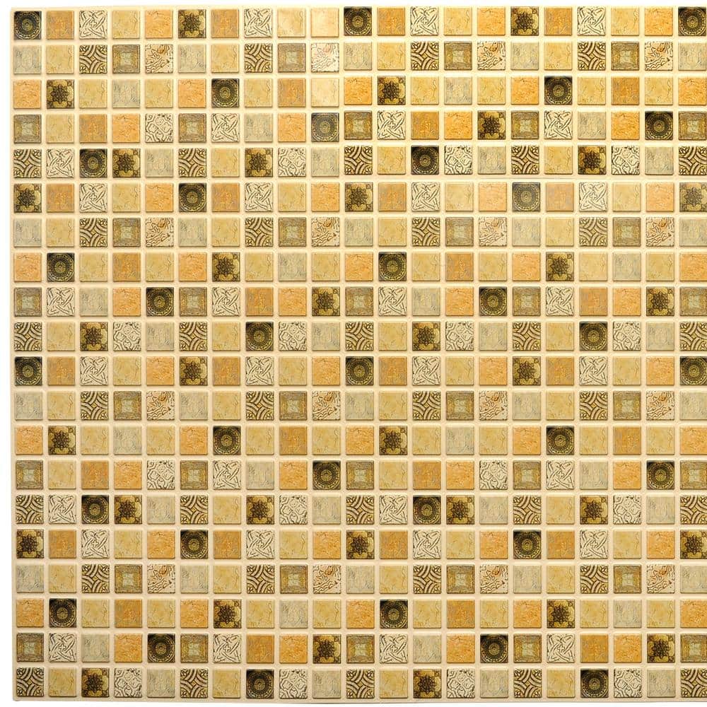 Dundee Deco 3D Falkirk Retro 1/100 in. x 38 in. x 19 in. Yellow Dark Brown Squares Mosaic PVC Decorative Wall Paneling (10-Pack) (1)