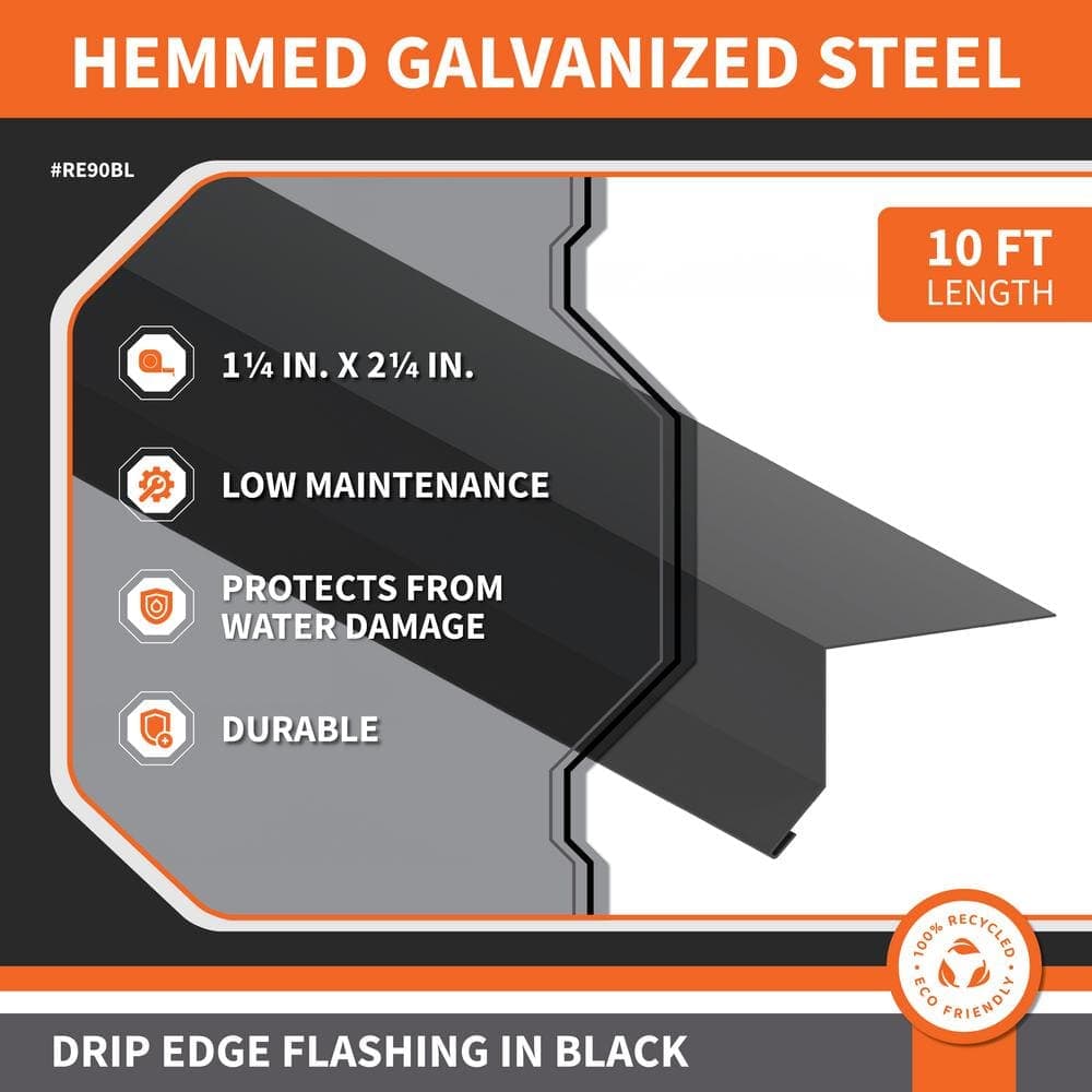 Gibraltar Building Products 1-1/4 in. x 2-1/4 in. x 10 ft. Hemmed Galvanized Steel Drip EdgeFlashing in Black (4)