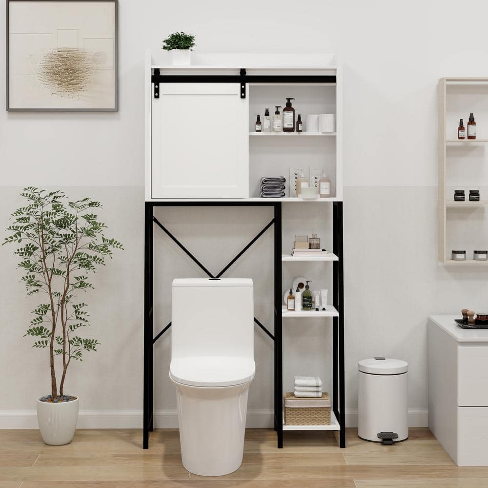 GQB 32.7 in. W x 64.6 in. H x 8 in. D Over The Toilet Storage in White with Adjustable Shelves, Sliding-Doors, Side Storage (2)