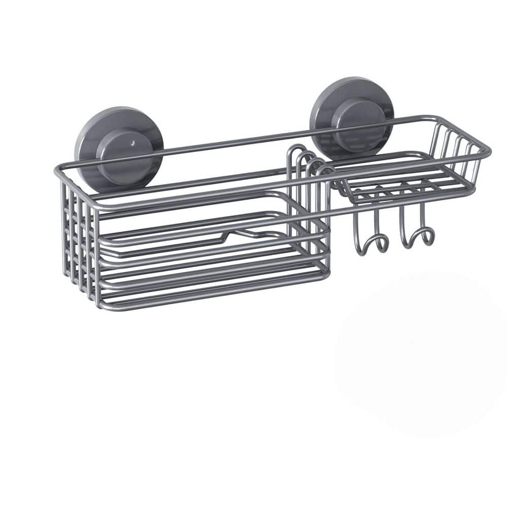 Numhew Suction Cup No-Drilling Shower Caddy with Soap Holder and Hooks in Gray for Bathroom Toiletries and Shower Storage (1)
