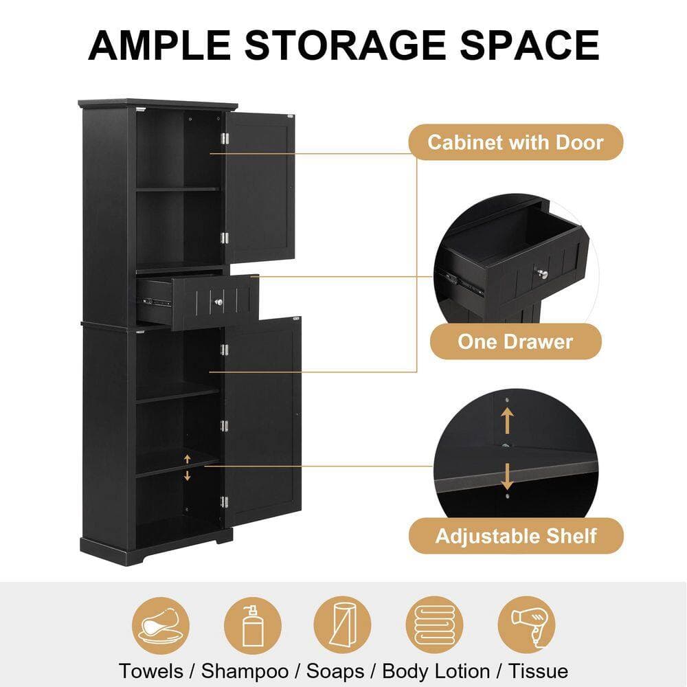 Siavonce 11 in. W x 22 in. D x 67 in. H Bathroom Freestanding Linen Cabinet with Drawers and Adjustable Shelves, Black (3)