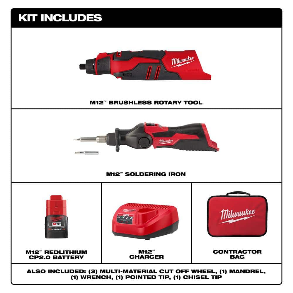 Milwaukee M12 12V Lithium-Ion Cordless Brushless Rotary Tool Kit with M12 12-Volt Lithium-Ion Cordless Soldering Iron (2)