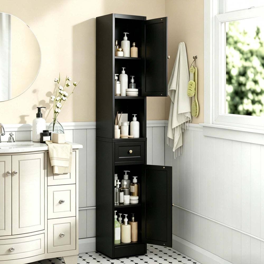 XUJMK 12 in W x 12 in D x 71 in H Linen Cabinet, Metal Bathroom Storage Cabinet with 2 Doors, 5-Tier, Adjustable Shelve, Black (3)
