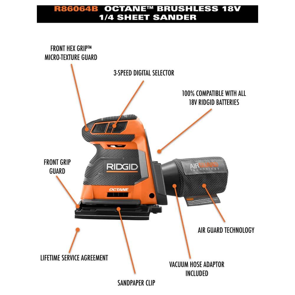 RIDGID 18V OCTANE Brushless Cordless 3-Speed 1/4 Sheet Sander (3)
