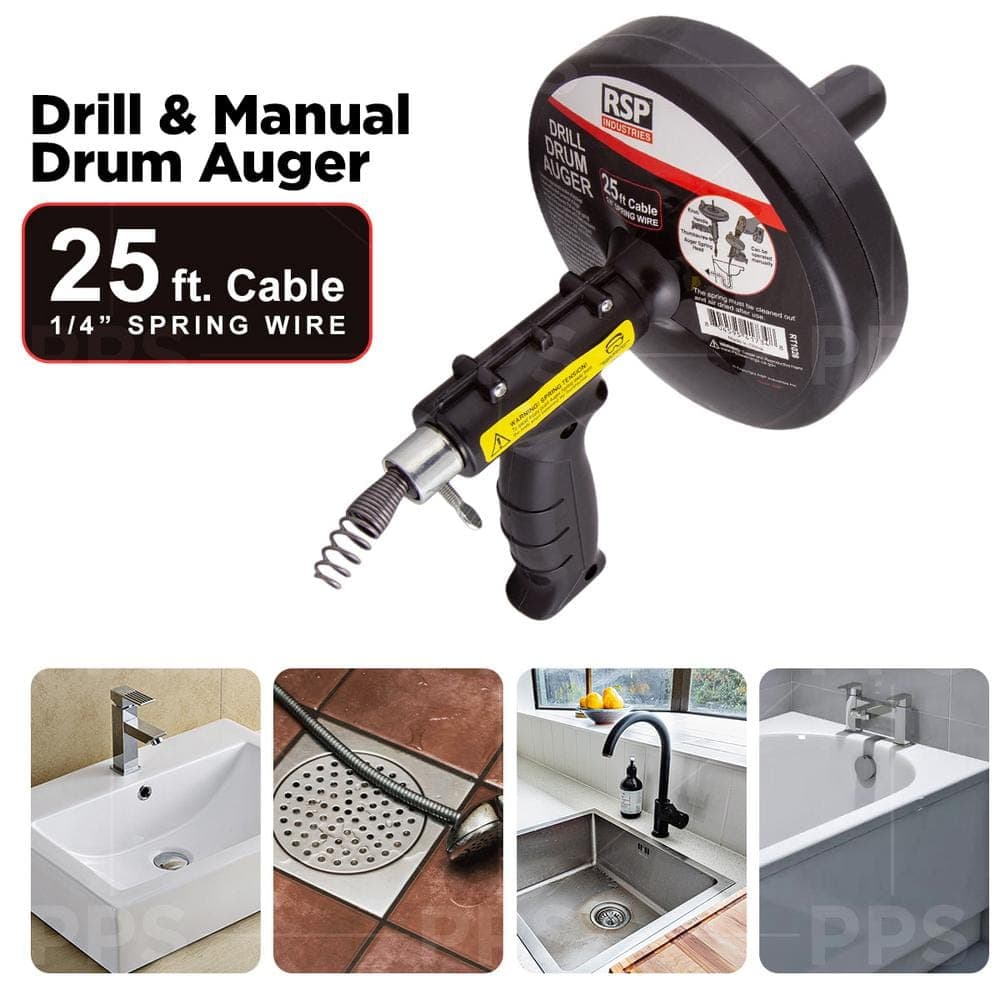PLUMBFLEX 1/4 in. x 25 ft. Drill and Manual Drum Auger with Steel Plumbing Drain Snake Drain Cleaning Cable to Remove Drain Clogs (2)