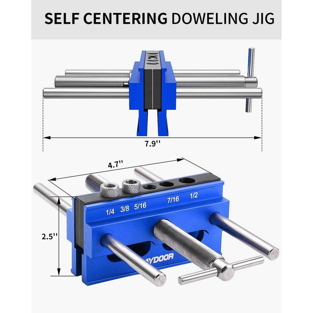 Laybus Blue Large Self Centering Doweling Jig, Dowel Jig for Straight Holes, Biscuit Joiner Set with 6 Bushings, 3 Drill Bit (3)