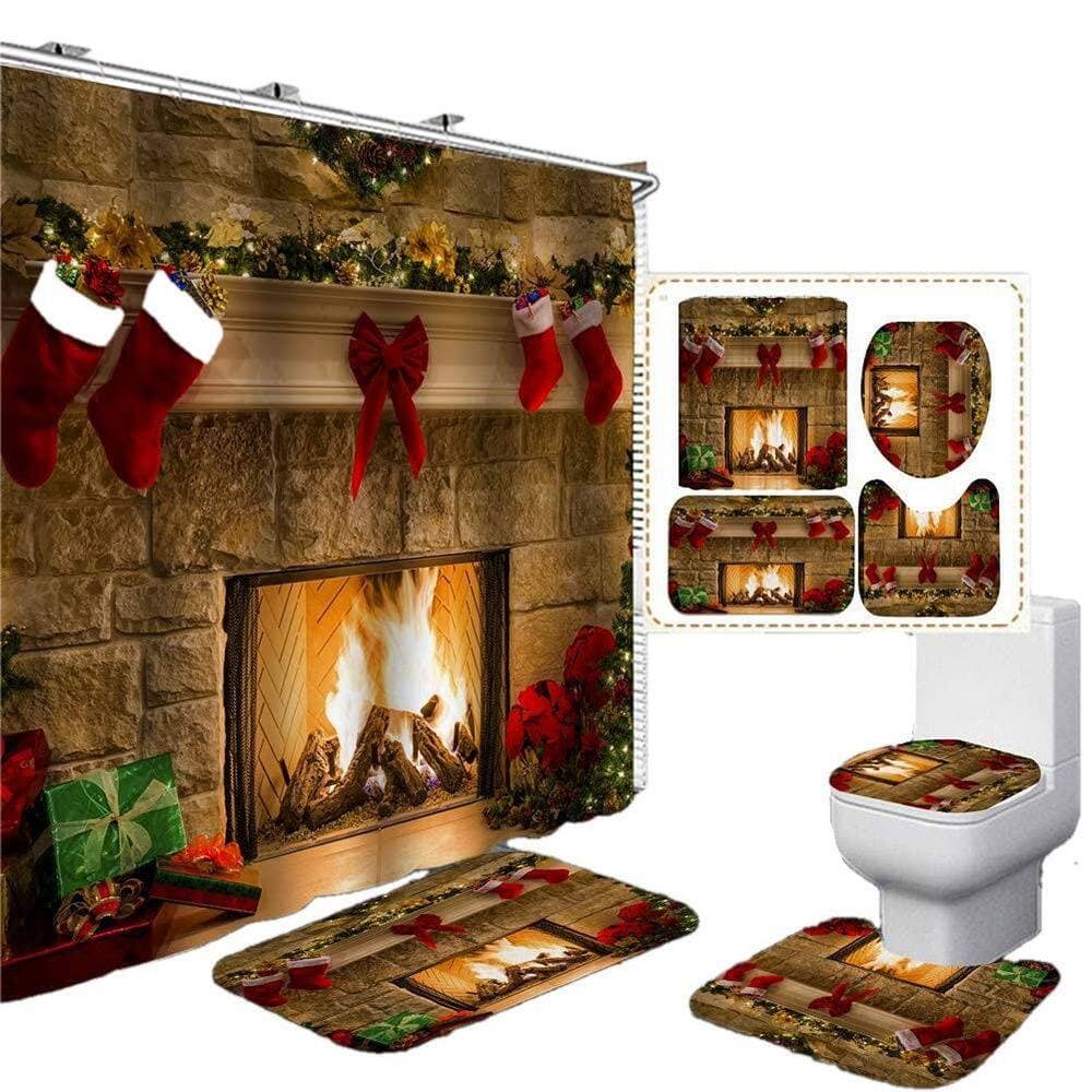 Numhew Christmas 70.8 in. W x 70.8 in. L Polyester Shower Curtain in Multi Color, Blackout Waterproof, 12 Hooks, Bath Mat Set (2)