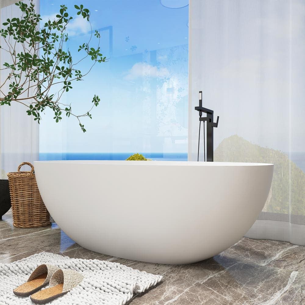 Unbranded 65 in. x 30 in. Handcrafted Stone Resin Freestanding Soaking Bathtub with Overflow in Matte White (1)