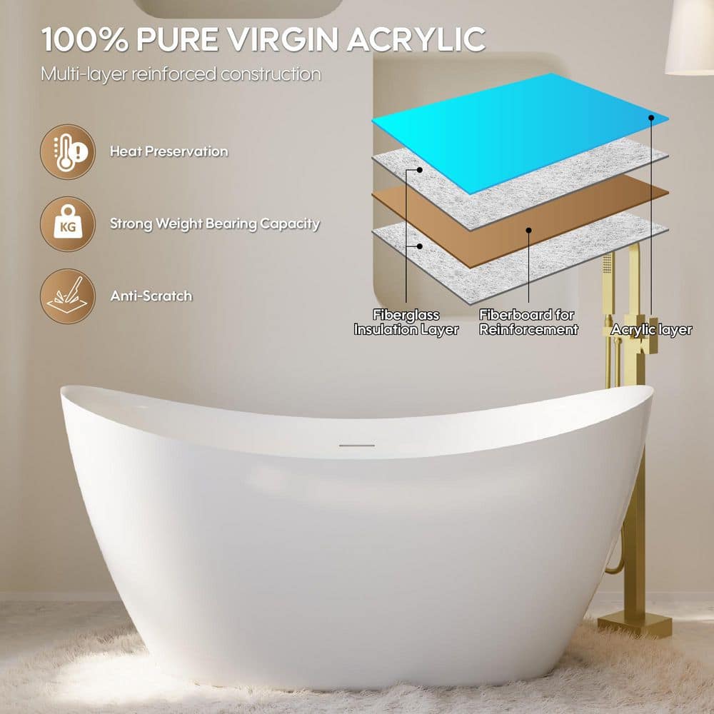 WELLFOR Villa 28.74 in. Soaking Bathtub with Center Drain Freestanding 100% Pure Virgin Acrylic Bathtub (4)