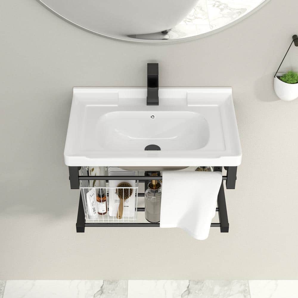 Logmey 23 in. Ceramic Rectangular Wall-Mounted Bathroom Vessel Sink with Single Faucet Hole and Overflow Hole in White (3)